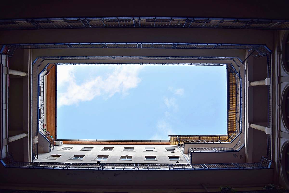 looking up worm's eye view photography of the building budapest